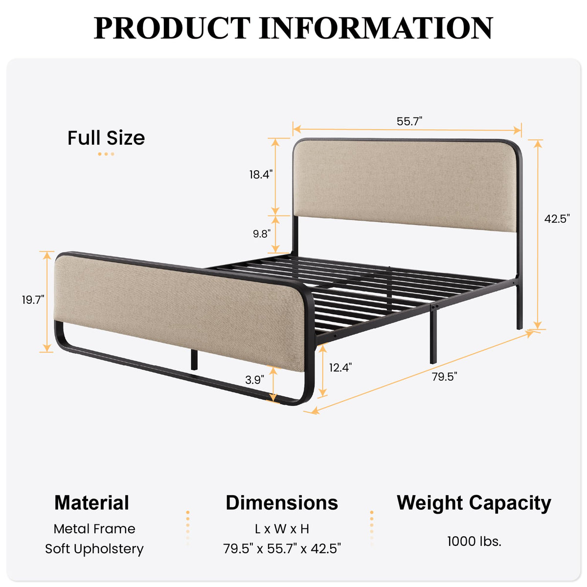 Full Size Metal Bed Frame with Upholstered Headboard X6934