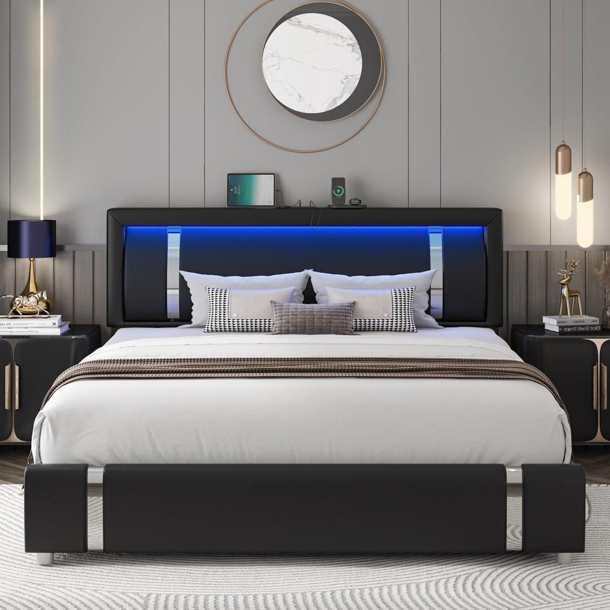 Black Full Size Upholstered Bed Frame with LED Headboard and 2 Storage Drawers T8538