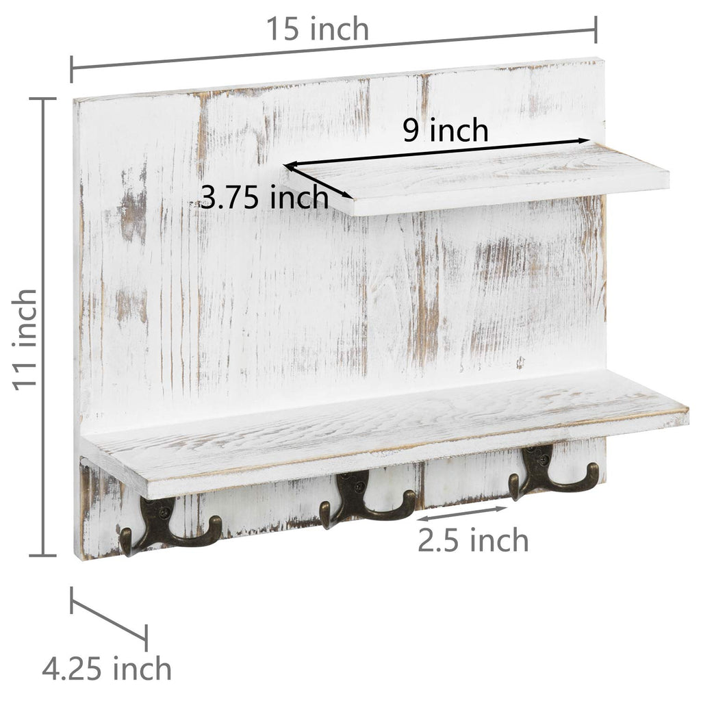 2 Tier White Washed Solid Wood Bathroom Storage Shelves with 6 Hooks W42443