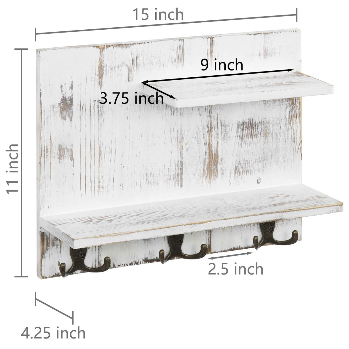 2 Tier White Washed Solid Wood Bathroom Storage Shelves with 6 Hooks W42443