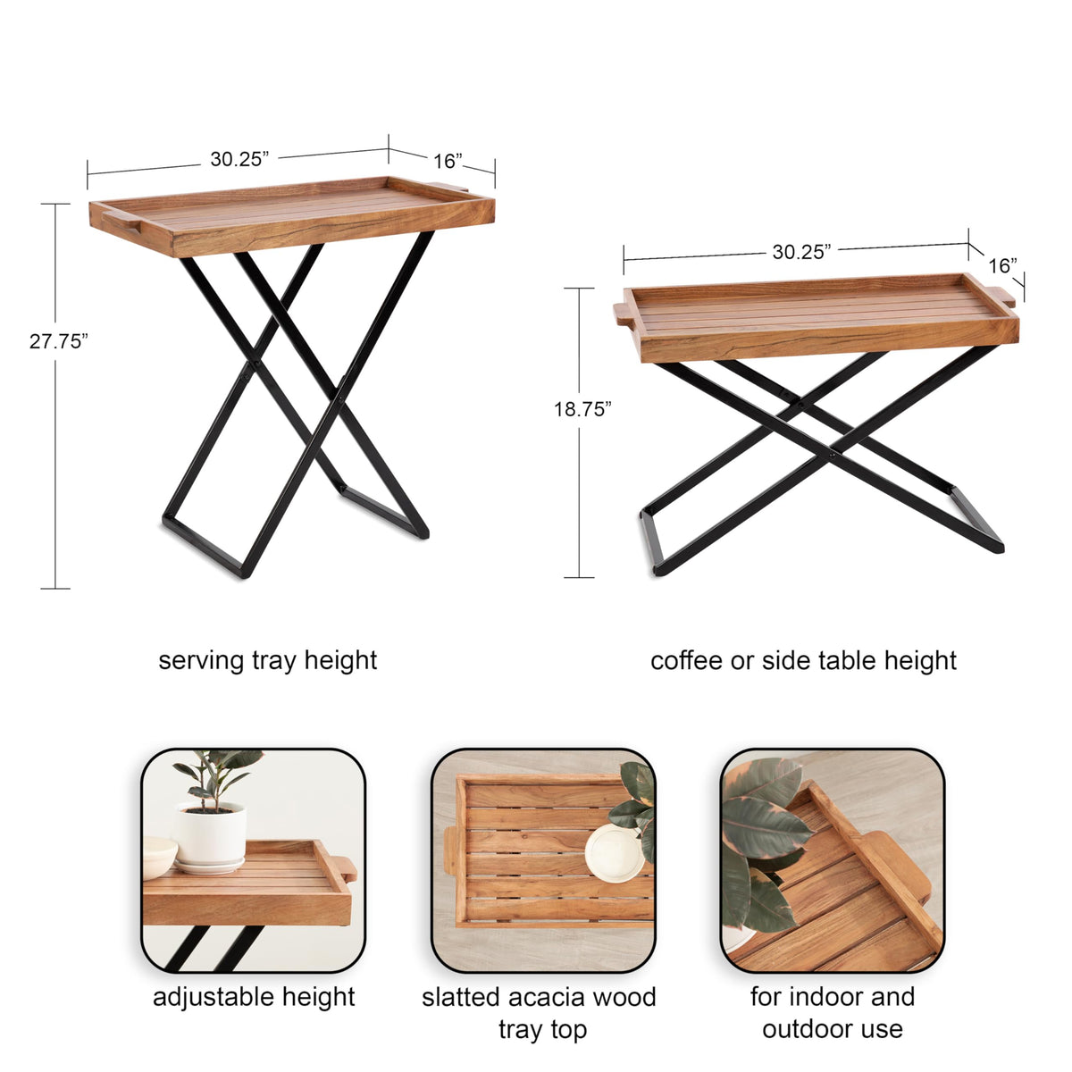 Natural Brown and Black Wood Tray Table with Removable Serving Tray Top P9103
