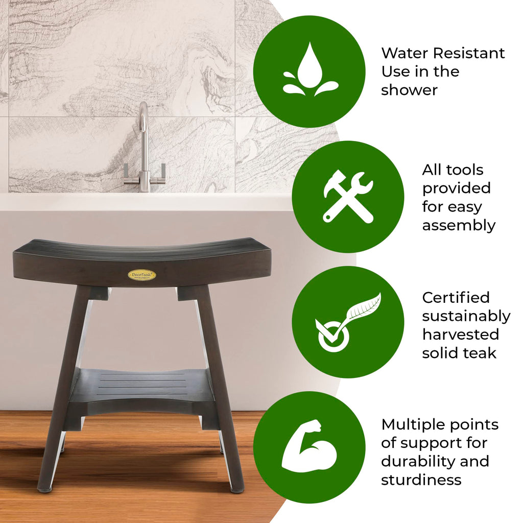 18" Solid Teak Shower Bench with Adjustable Feet D257