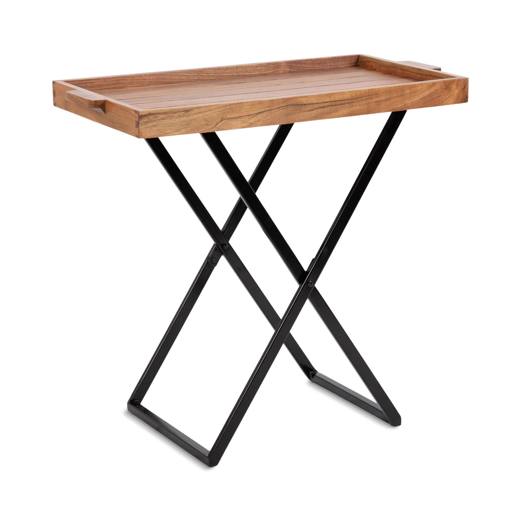 Natural Brown and Black Wood Tray Table with Removable Serving Tray Top P9103