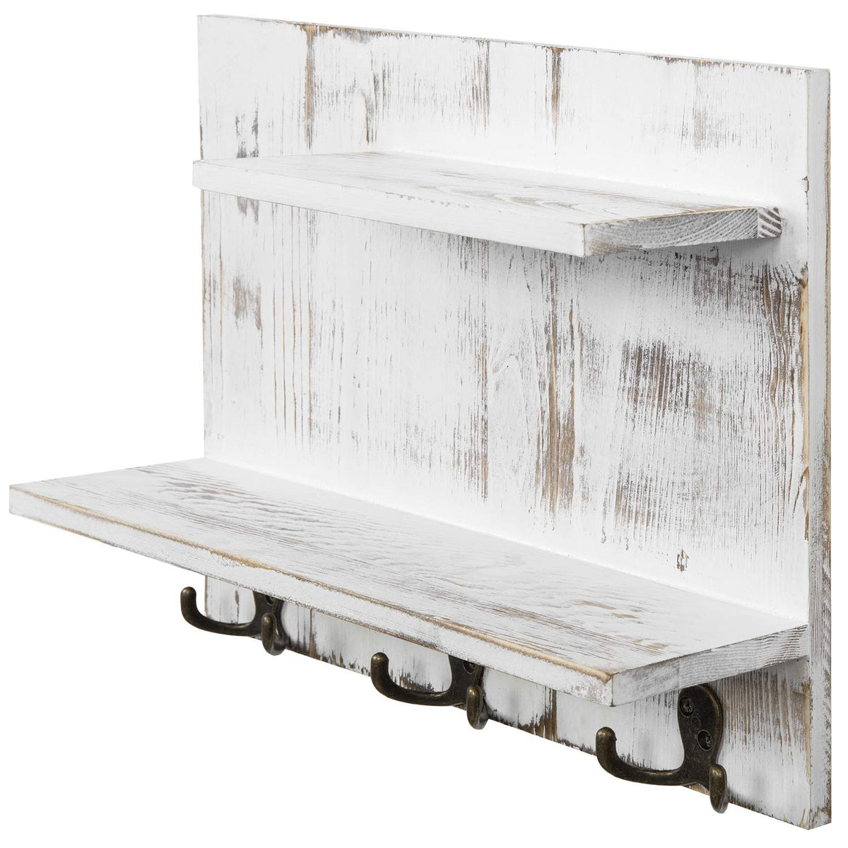 2 Tier White Washed Solid Wood Bathroom Storage Shelves with 6 Hooks W42443