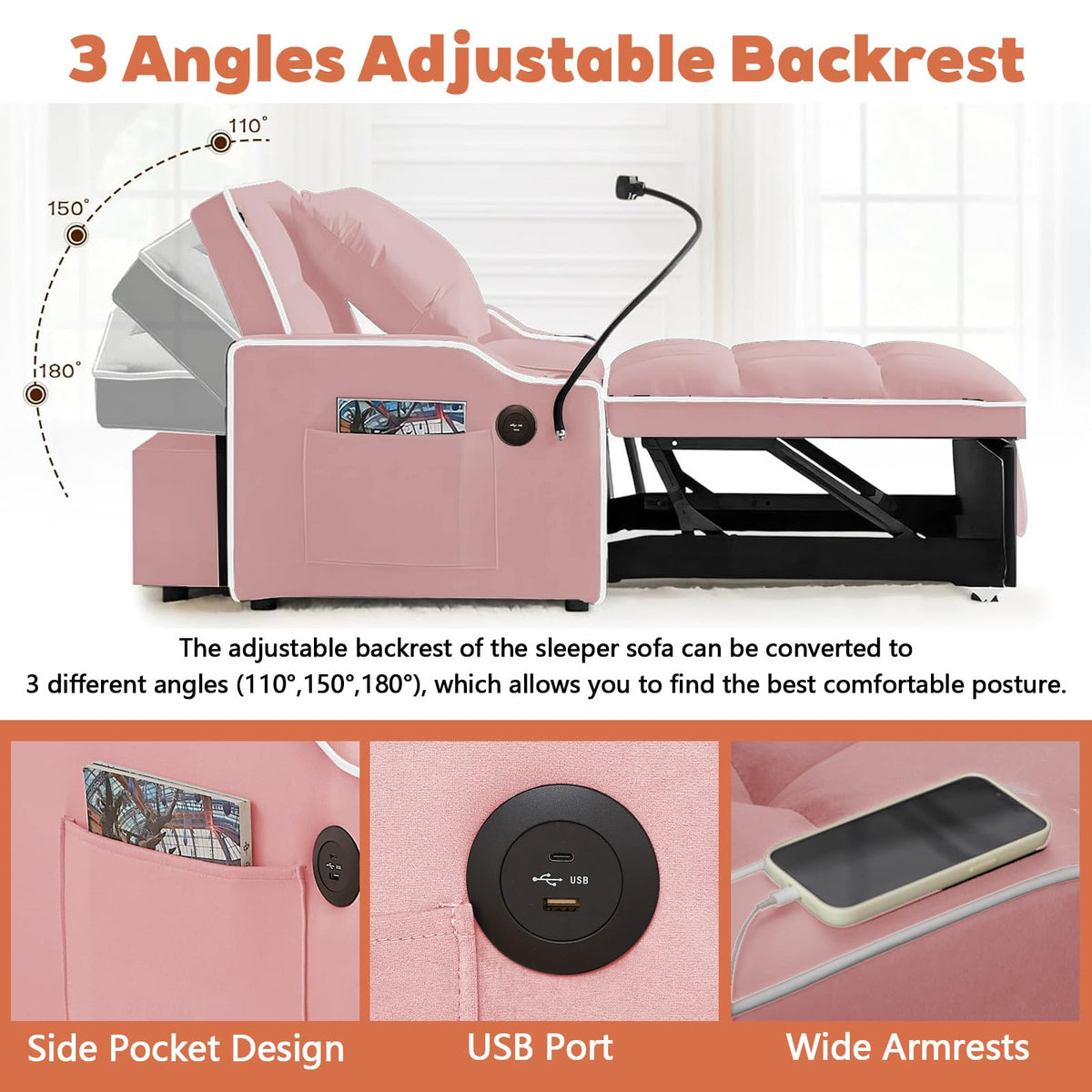 Pink Velvet Convertible Sleeper Chair S1845