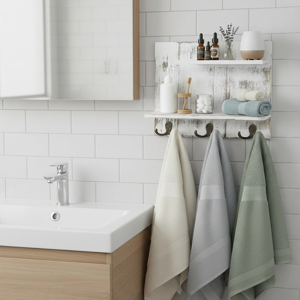 2 Tier White Washed Solid Wood Bathroom Storage Shelves with 6 Hooks W42443