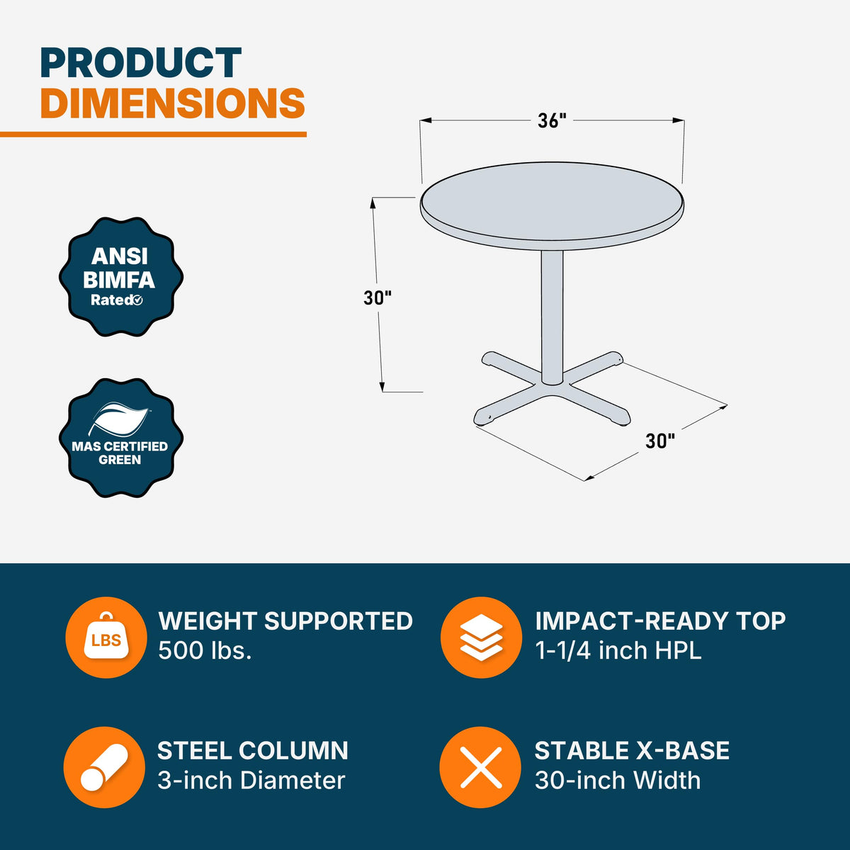 Round 36 in Diameter 30 in Dining Height Black Frame Gray Laminate Cafe Table P658