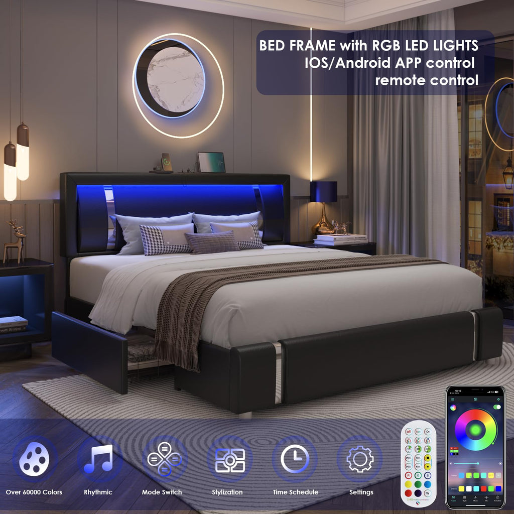 Black Full Size Upholstered Bed Frame with LED Headboard and 2 Storage Drawers T8538
