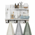 2 Tier White Washed Solid Wood Bathroom Storage Shelves with 6 Hooks W42443