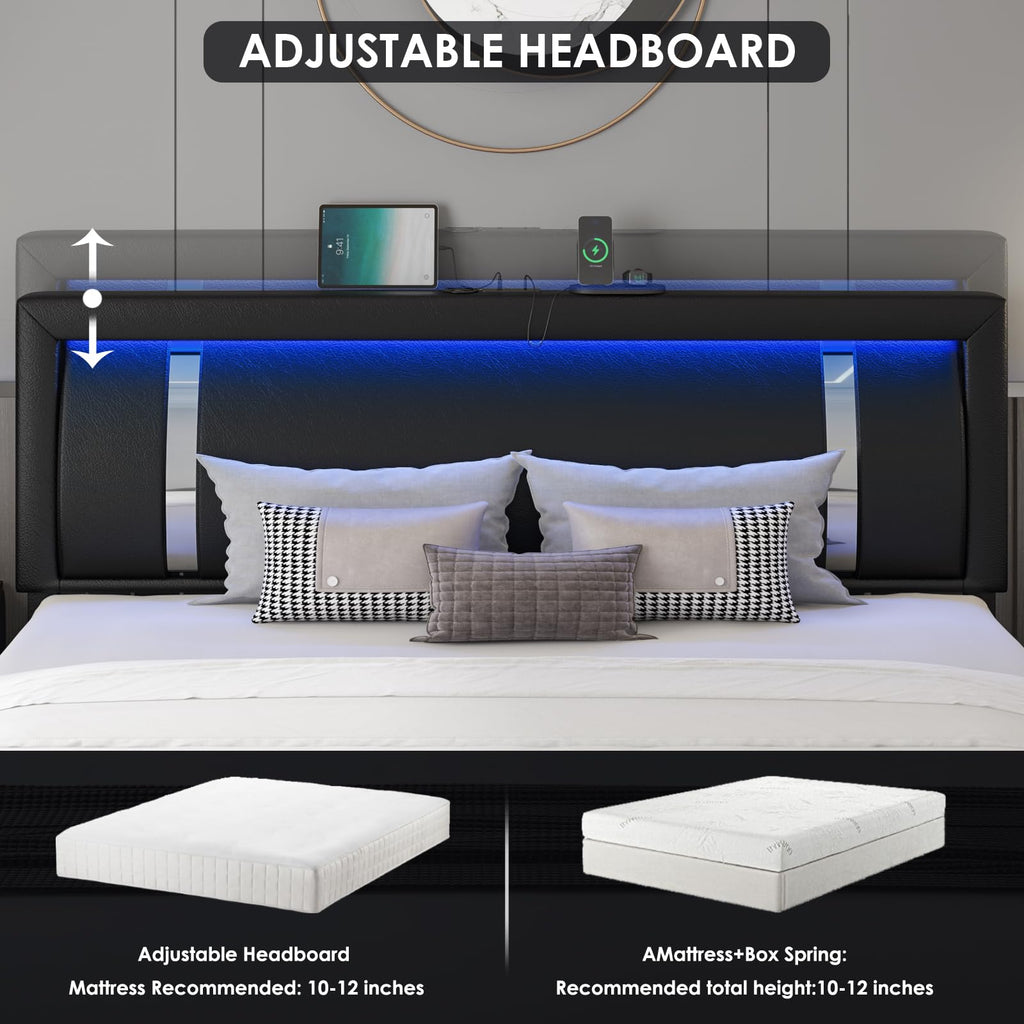 Black Full Size Upholstered Bed Frame with LED Headboard and 2 Storage Drawers T8538