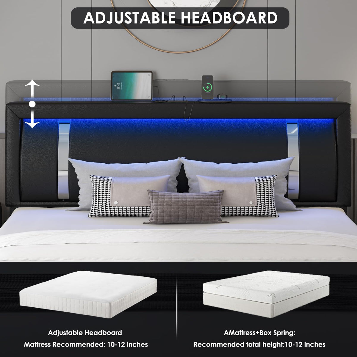 Black Full Size Upholstered Bed Frame with LED Headboard and 2 Storage Drawers T8538