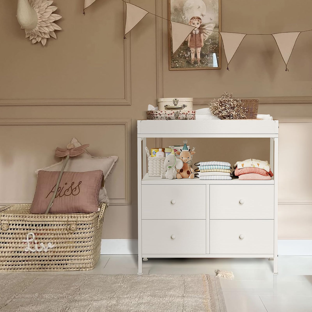 White Changing Table Dresser with 4 Fabric Drawers and Open Shelf K9477