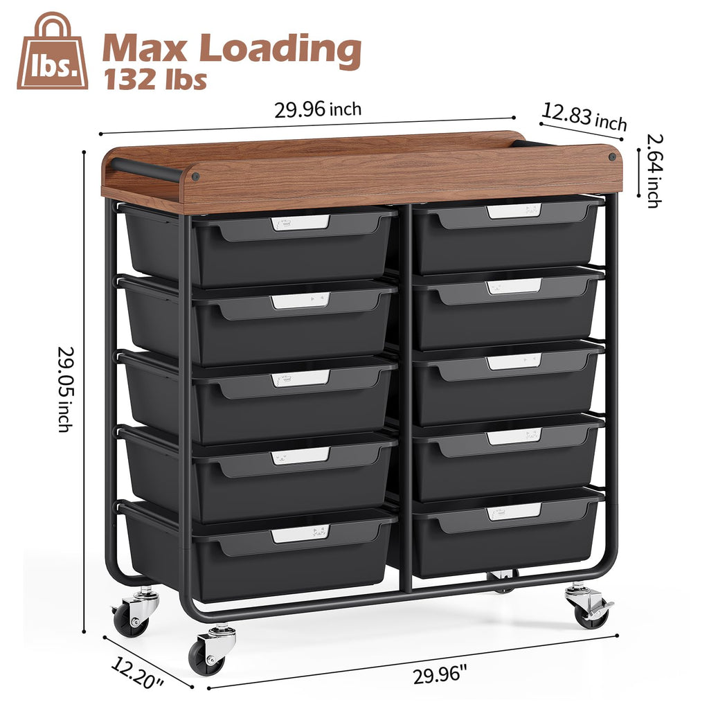 10 Drawer Rolling Storage Cart with Wooden Tabletop K587