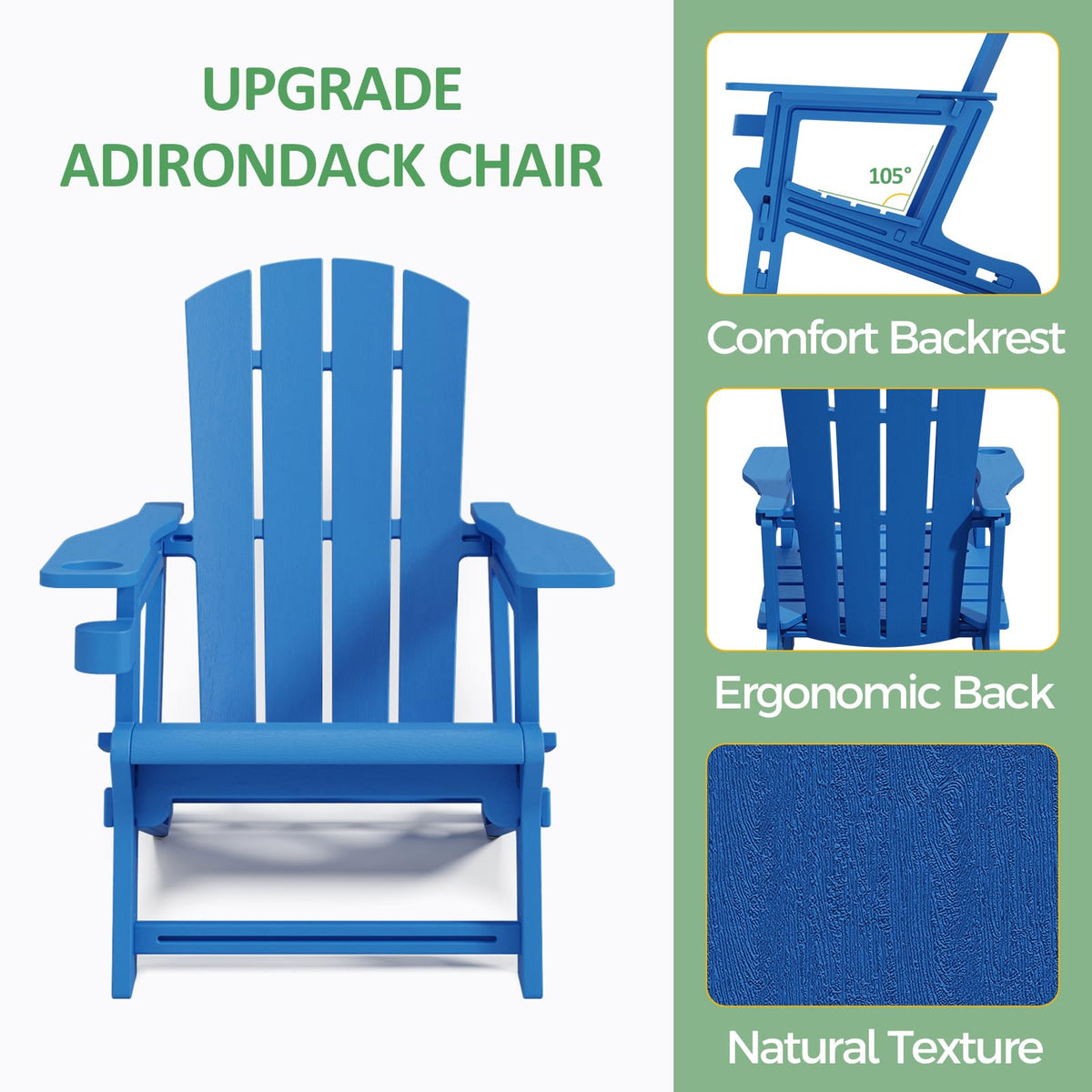 Klein Blue Plastic Adirondack Chairs Set of 2 with Cup Holder Y436