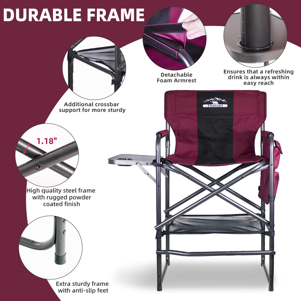 Wine Red Black Bar Height Folding Chair with Side Table Q16308