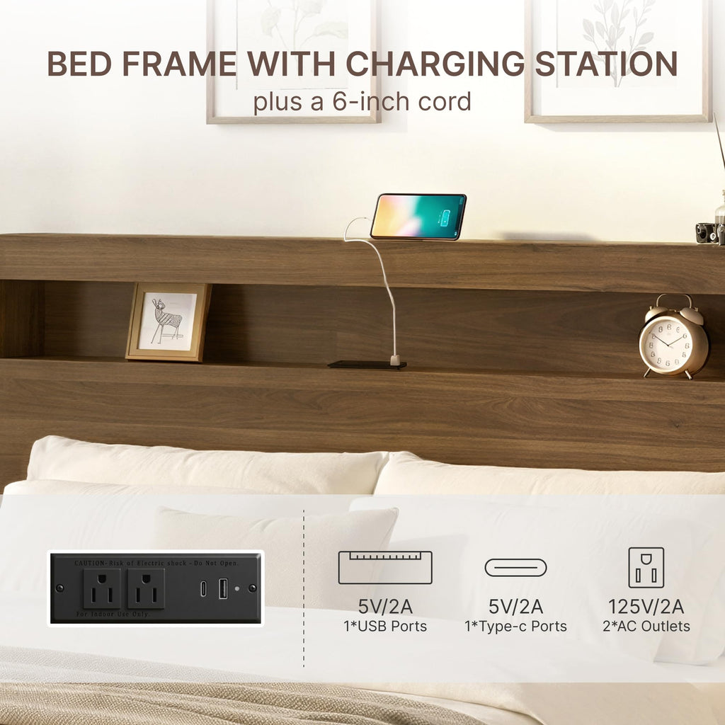 King Walnut Storage Bed Frame with LED Lights R131009
