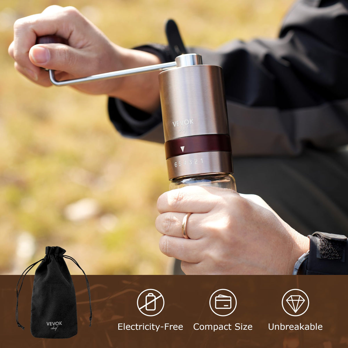 Gold Manual Stainless Steel Burr Coffee Grinder with Portable Bag U659032