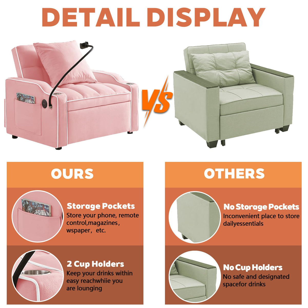 Pink Velvet Convertible Sleeper Chair S1845