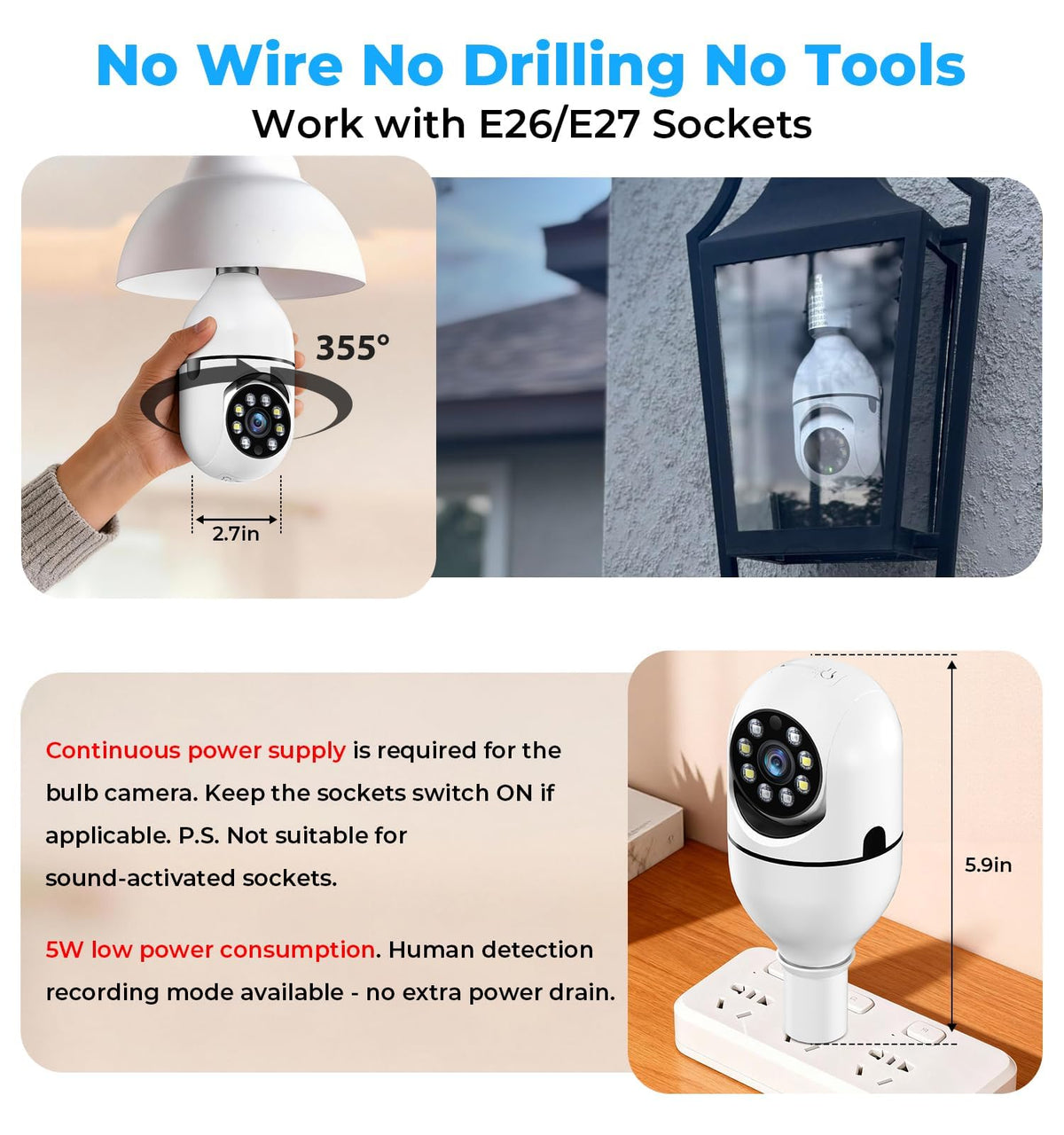 2K 5GHz & 2.4GHz WiFi Light Bulb Security Camera 360° PTZ T89600
