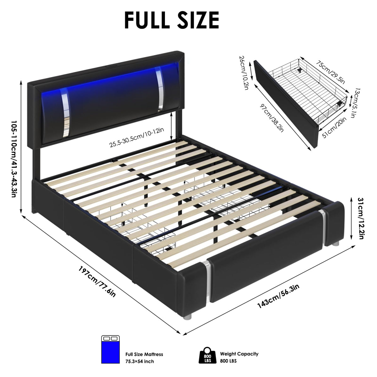 Black Full Size Upholstered Bed Frame with LED Headboard and 2 Storage Drawers T8538