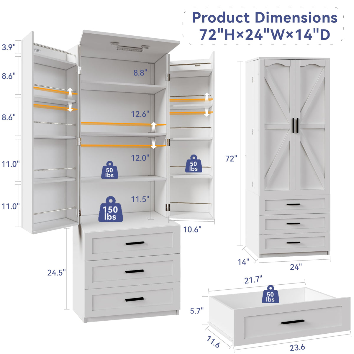 72" Wood Kitchen Pantry Cabinet with 3 Drawers W1691