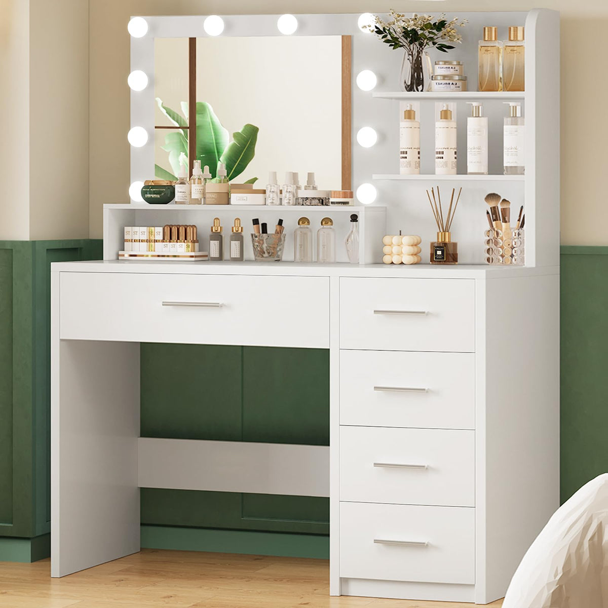 White Vanity Desk with Mirror & Lights, 5 Drawers & Storage Shelves O18533