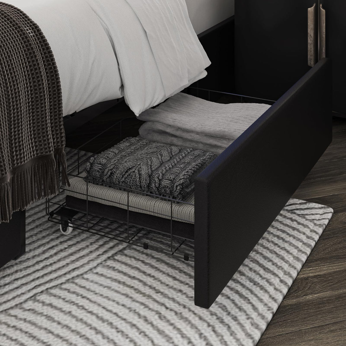 Black Full Size Upholstered Bed Frame with LED Headboard and 2 Storage Drawers T8538