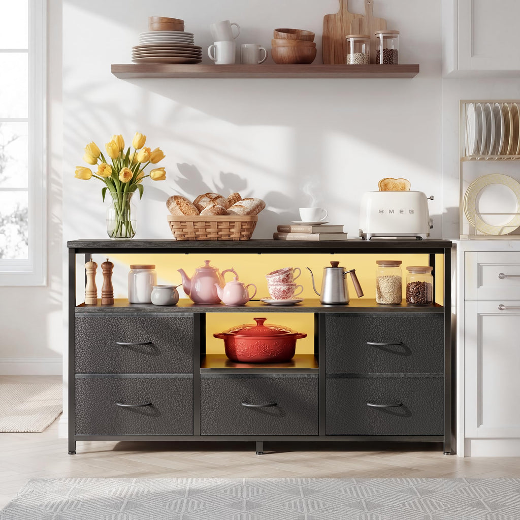 Black 5 Fabric Drawer Dresser TV Stand with LED Lights W37371