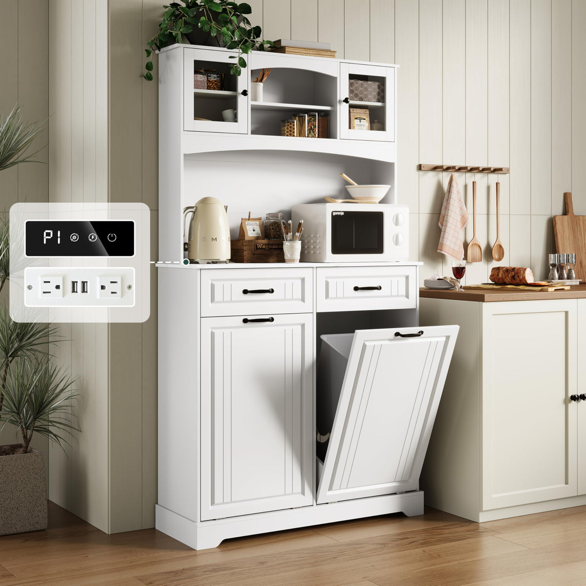 Tilt Out Trash Can Cabinet with Power Outlet H9354