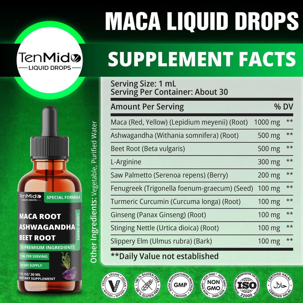 Maca Liquid Drops with Ashwagandha, Fenugreek, Beet Root, L-Arginine, Turmeric, Ginseng P26531