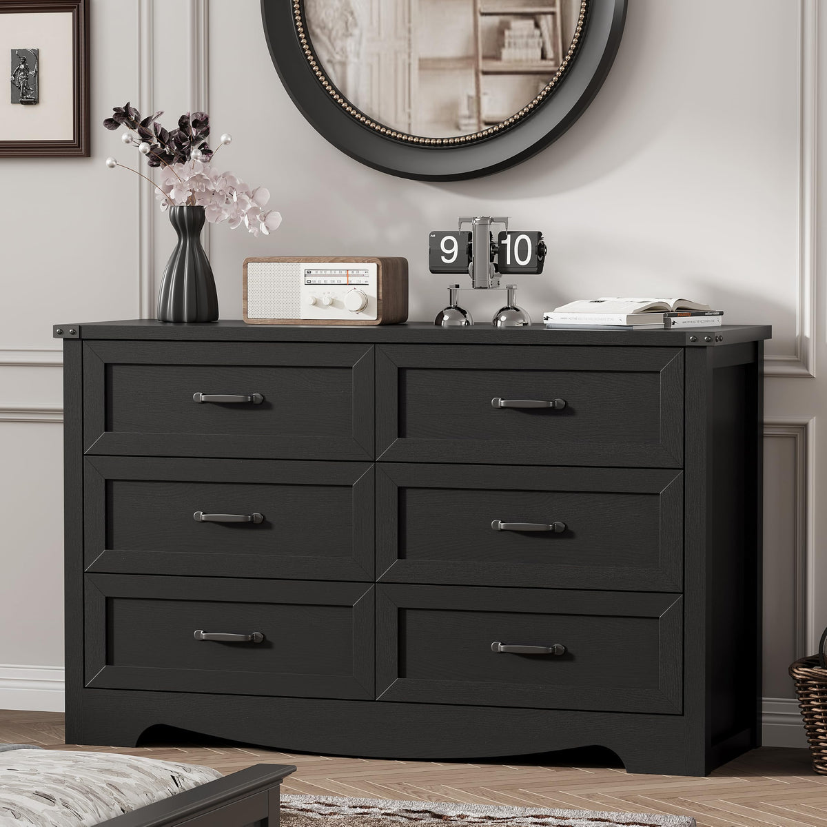 Black 6 Drawer Wood Dresser H532