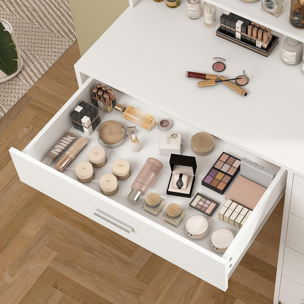 White Vanity Desk with Mirror & Lights, 5 Drawers & Storage Shelves O18533