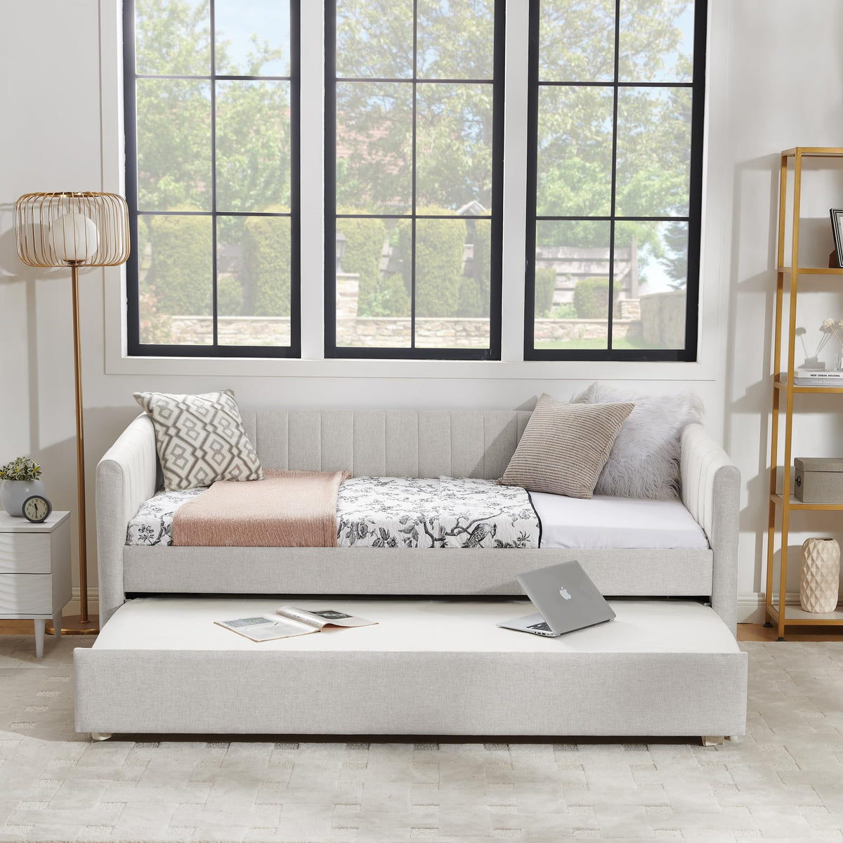 Beige Linen Twin Size Daybed with Trundle B3985