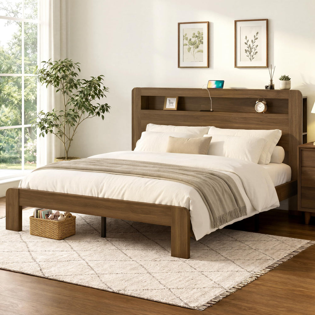 King Walnut Storage Bed Frame with LED Lights R131009