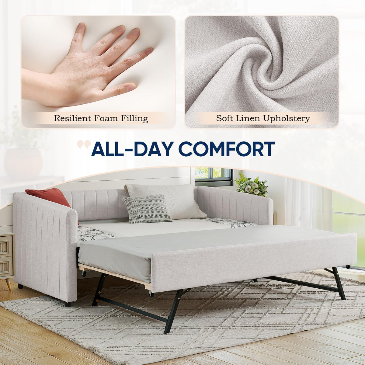 Beige Linen Twin Size Daybed with Trundle B3985