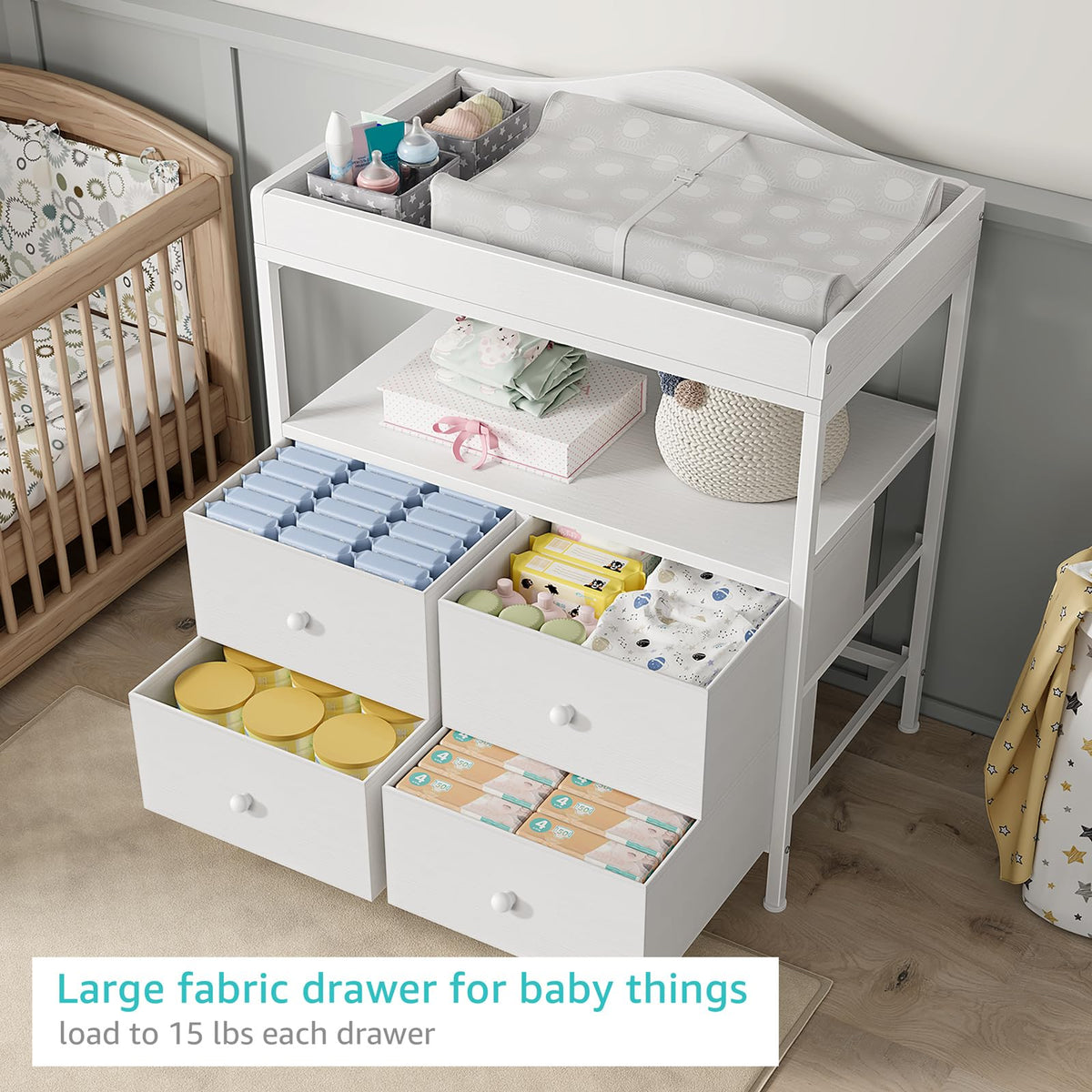 White Changing Table Dresser with 4 Fabric Drawers and Open Shelf K9477