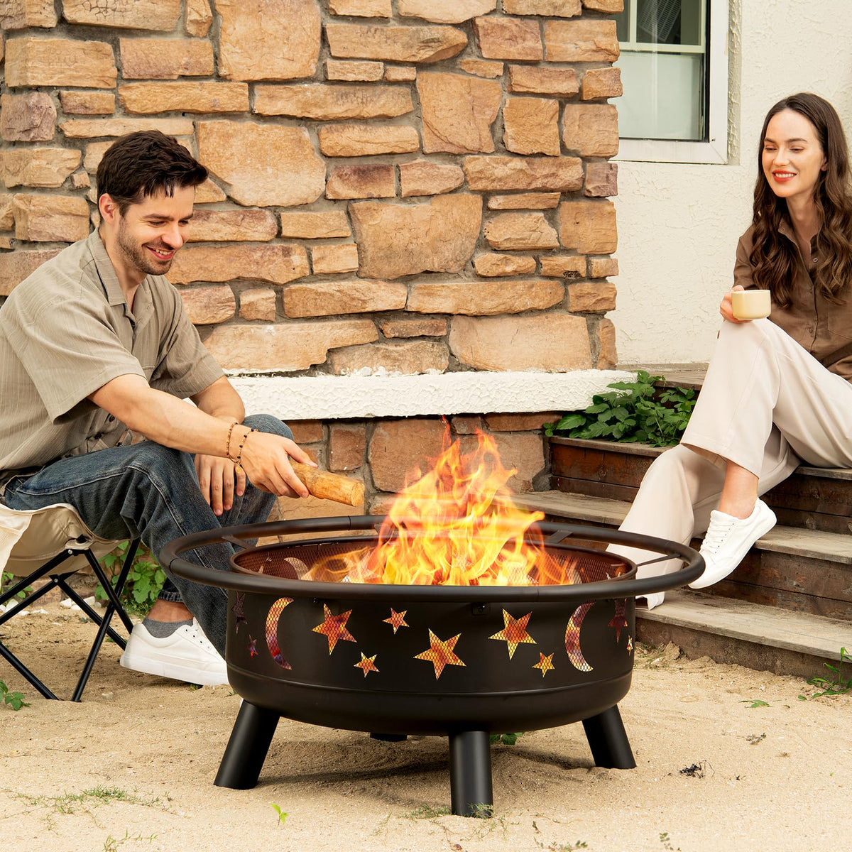 32 Inch Round Metal Wood Burning Fire Pit with Mesh Cover K61238