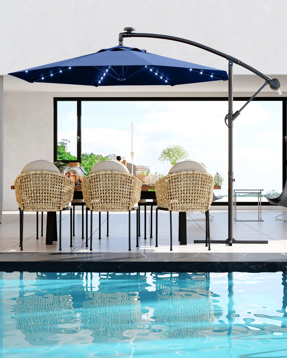 10 ft Navy Blue Cantilever Umbrella with Solar Lights M841