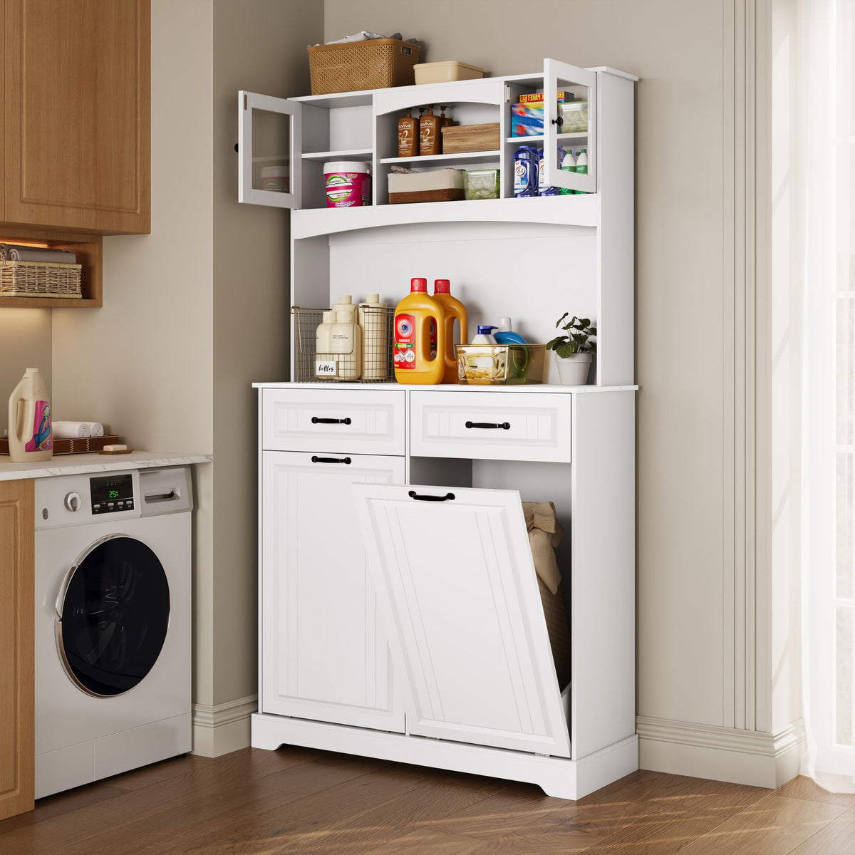 Tilt Out Trash Can Cabinet with Power Outlet H9354