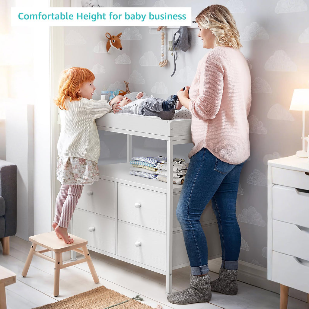 White Changing Table Dresser with 4 Fabric Drawers and Open Shelf K9477