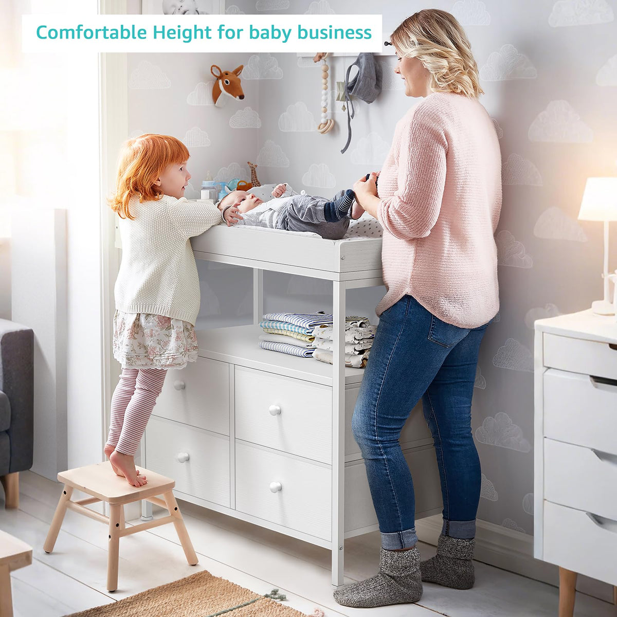 White Changing Table Dresser with 4 Fabric Drawers and Open Shelf K9477