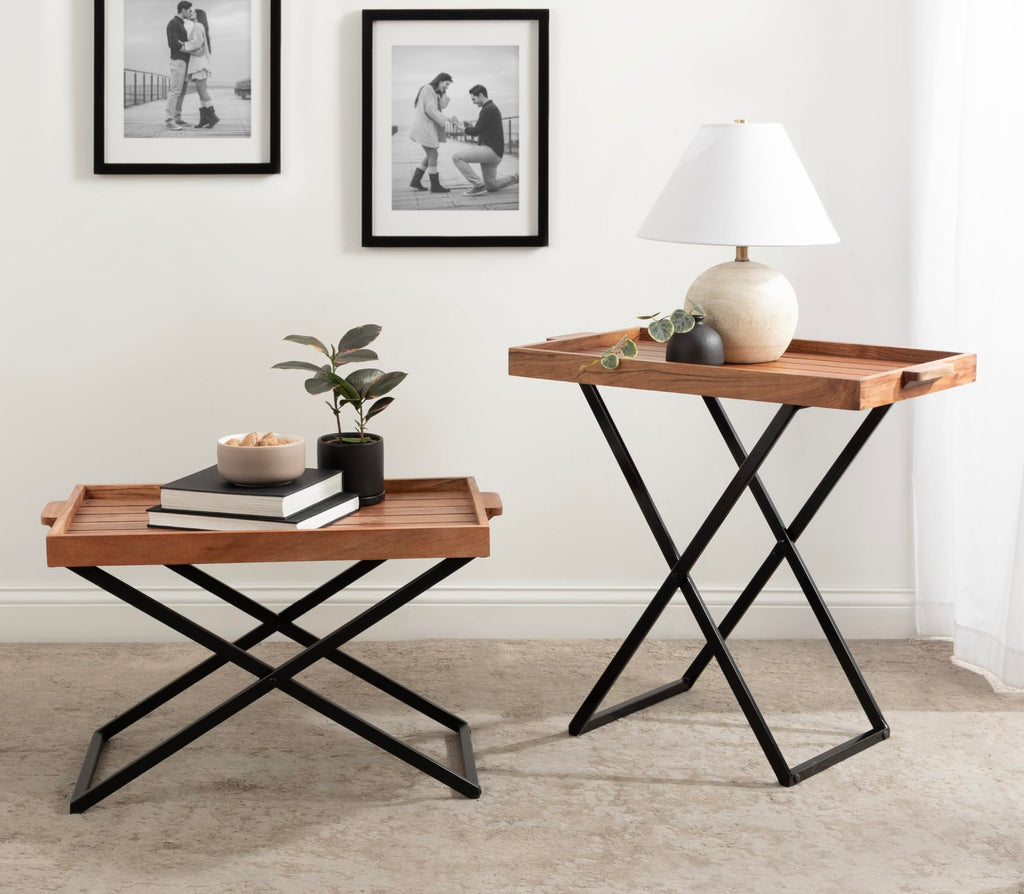 Natural Brown and Black Wood Tray Table with Removable Serving Tray Top P9103
