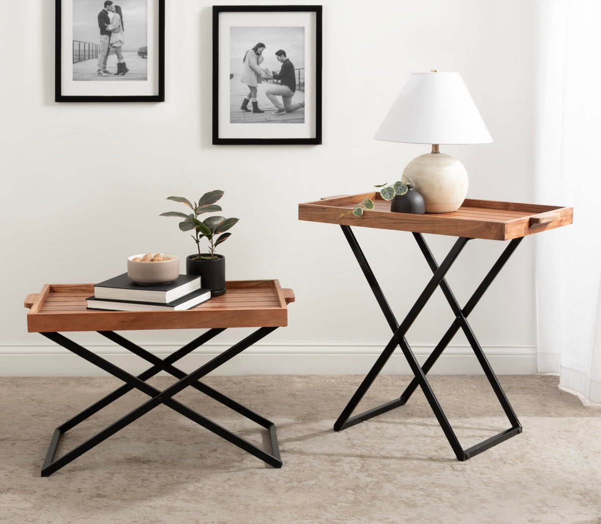 Natural Brown and Black Wood Tray Table with Removable Serving Tray Top P9103
