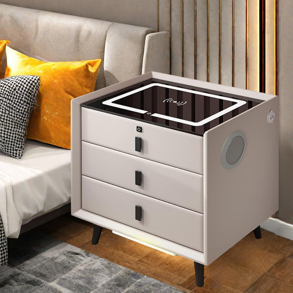 White 3 Drawer Nightstand with Fingerprint Lock and Wireless Charging F7764