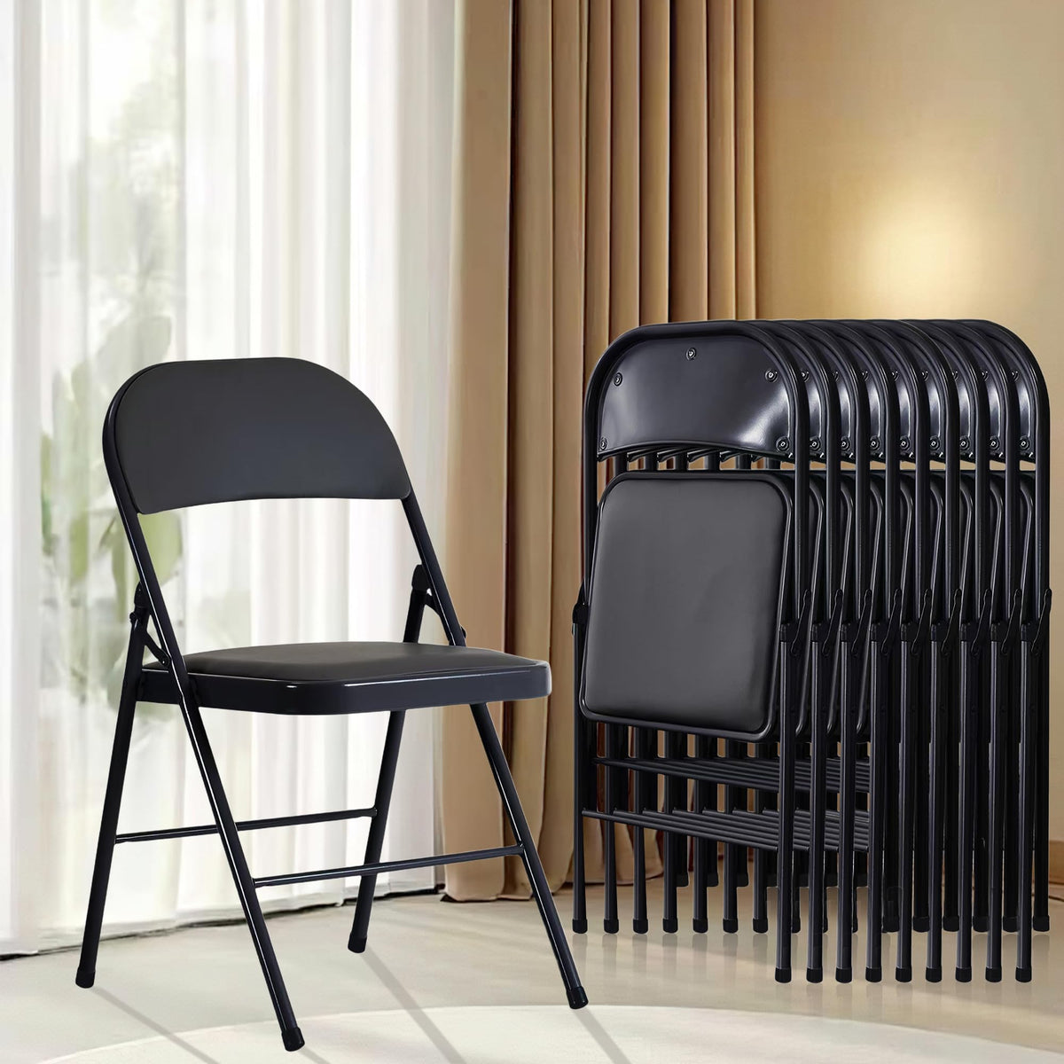 Black Folding Chairs 10-Pack Padded Heavy Duty Steel Frame D9388