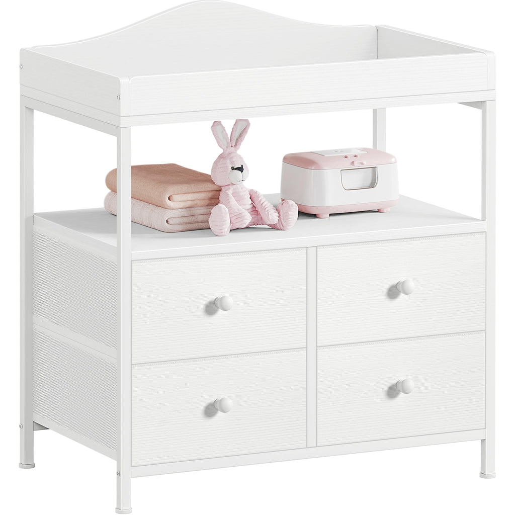 White Changing Table Dresser with 4 Fabric Drawers and Open Shelf K9477
