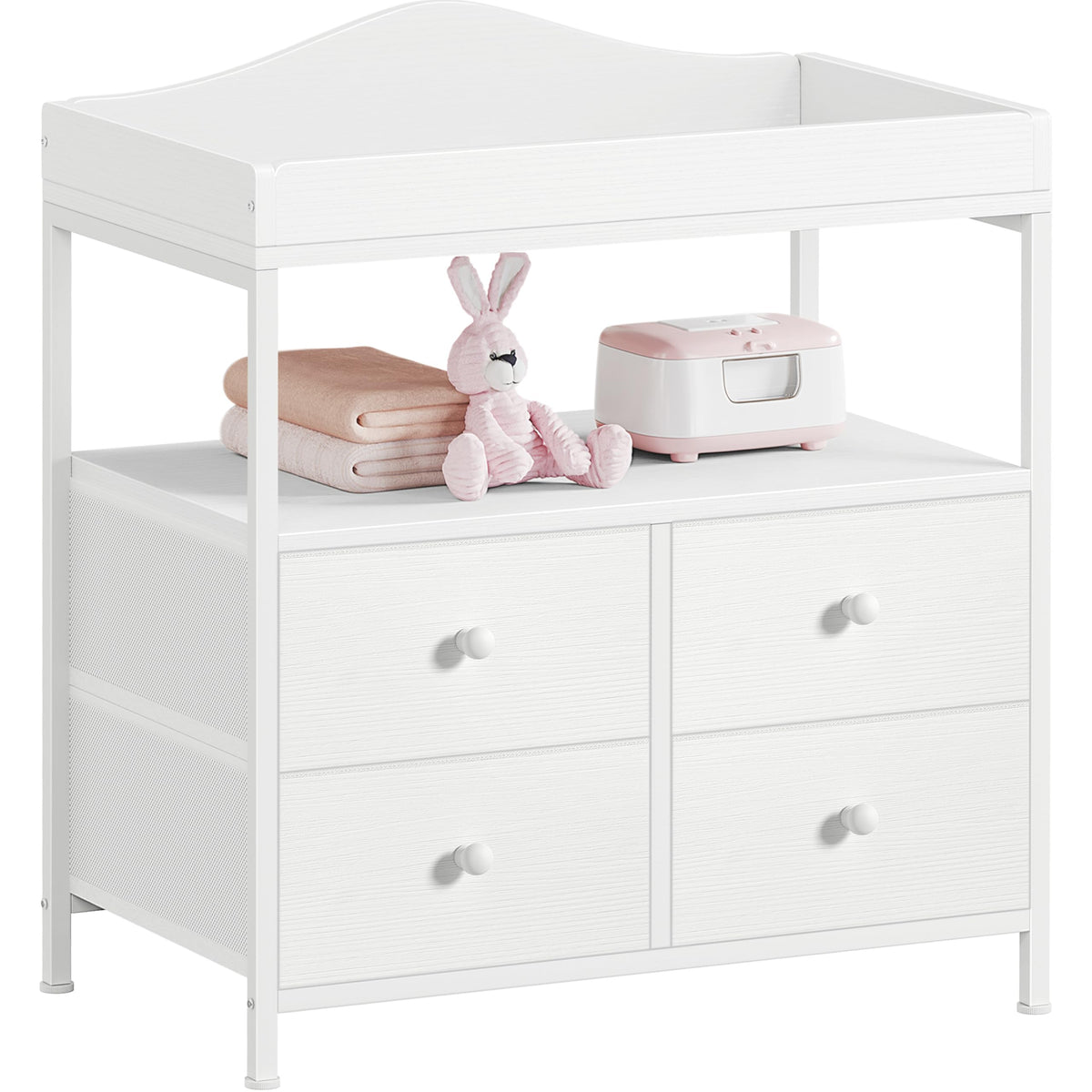 White Changing Table Dresser with 4 Fabric Drawers and Open Shelf K9477