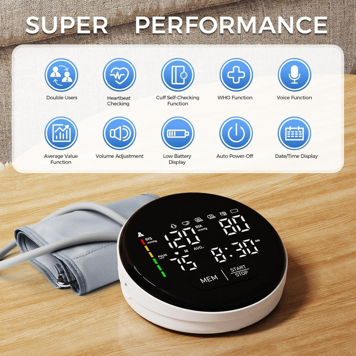 Blood Pressure Monitor Upper Arm Adjustable Cuff Voice Broadcast Large Backlit Display 240 Sets Memory M7722