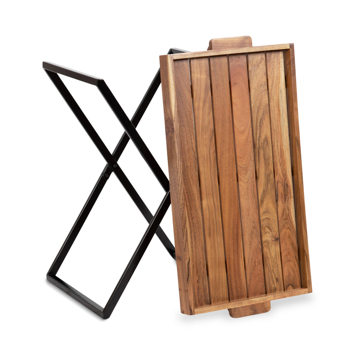 Natural Brown and Black Wood Tray Table with Removable Serving Tray Top P9103