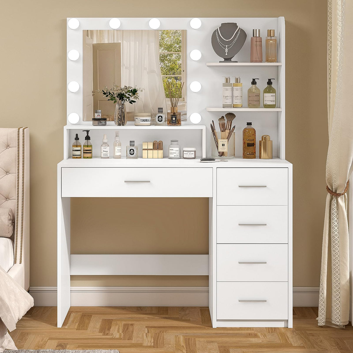 White Vanity Desk with Mirror & Lights, 5 Drawers & Storage Shelves O18533